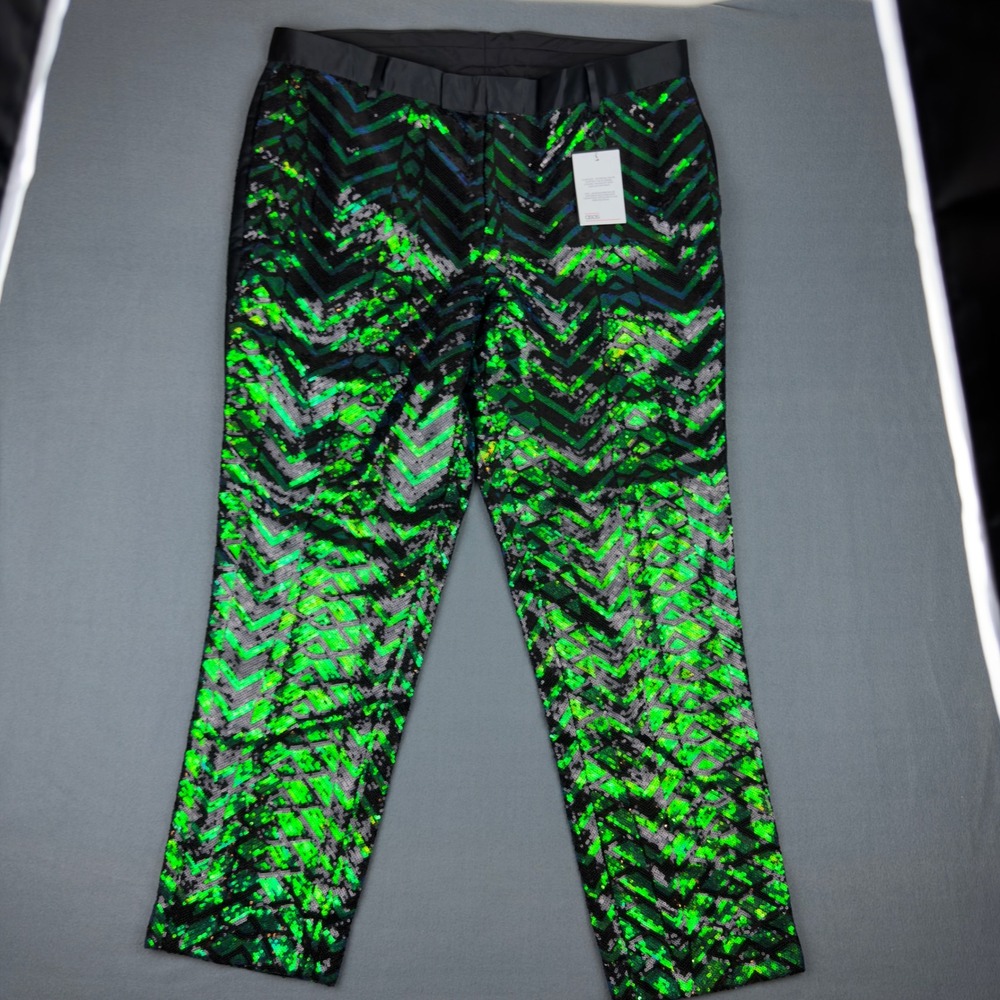 ASOS Mens Green Black Sequin Chevron Trousers Slim Fit Party Pants W40 L32 NEW
